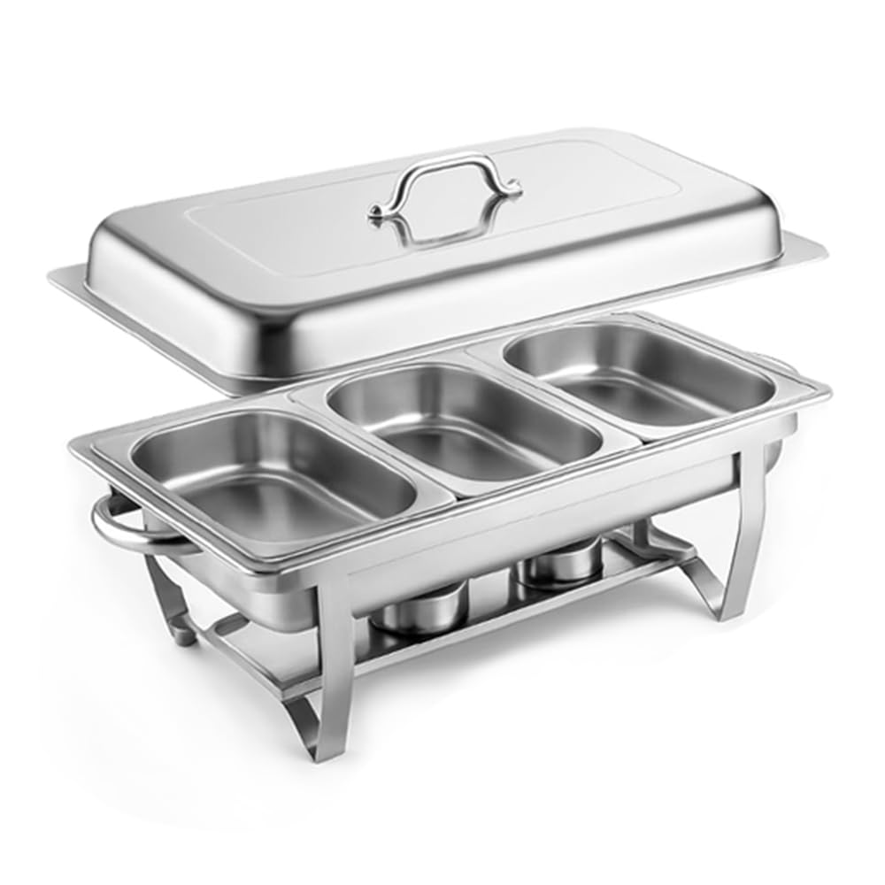OHMG Chauffe Plat,Chafing Dish ou rechaud en INOX Alimentaire pour Buffet/Bain Marie Professionnel/Maintien au Chaud/Traiteur/hôtel/Restaurant - Acier Inoxydable (3 Compartiments, 55 * 35.5 * 26cm)