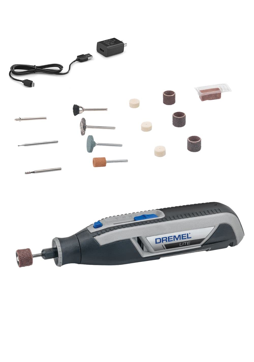 Dremel(ドレメル) 3.6Vコードレスミニルーター(USB充電器・アクセサリー12種15ピース付き) 4段変速 LITE(ライト) 最大25,000回転/分 リューター 彫刻/削り出し/研削/研ぎ・刃付け/汚れ落とし/磨き/研磨