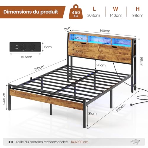 Lit 140x190 avec LED et rangement Brinlawb
