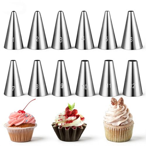 Jeffdad 12 Pcs Round Hole Piping Tips Set, Stainless Steel Cupcake Frosting Nozzles Cake Decorating Piping Tips Icing Tip for Baking Decorating Frosting Icing