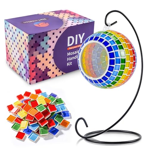 Joyclub DIY Mosaic Candle Holder Kit Mosaic Kits for Adults and Kids Stained Glass Tealight Hanging Candle Holder for Home Lighting Decor Girls Birthday Craft Gifts Rainbow with Bead