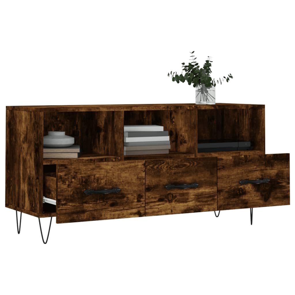 Szafka pod telewizor dąb wędzony 102 x 36 x 50 cm, materiał drewnopochodny, wytrzymała szafka na media z 3 półkami i 3 szufladami, nowoczesne centrum rozrywki do salonu, sypialni, żelazne nogi