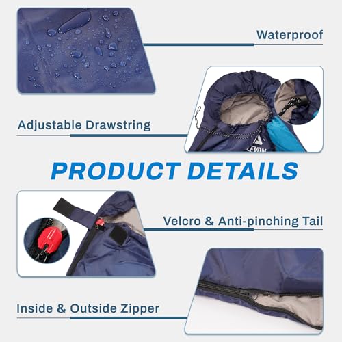 Elevon Sleeping Bag for Adults Teens Kids Cold Warm Weather, Portable Waterproof & Lightweight, Compact with Compression Sack, for 3-4 Seasons Camping, Backpacking, Hiking, Travel, Indoors Outdoors - Thumbnail 3