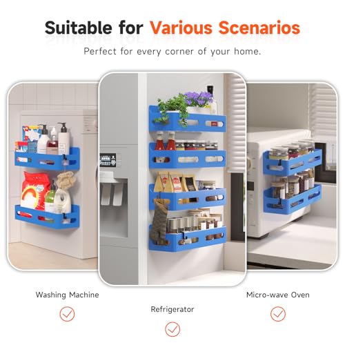 Image of 4-Pack Magnetic Spice Rack for Refrigerator with Hooks, Blue | Strong multipurpose magnetic shelf for kitchen & bathroom organization. Includes 4 removable hooks for hanging items.