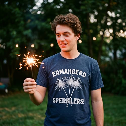 Mens Ermahgerd Sperklers T Shirt Funny 4th of July Fireworks Sparklers Graphic Novelty Tee Funny T Shirts Patriotic Apparel for Men Novelty Tees for Guys Navy - XL