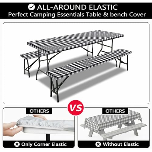 Picnic Table Cover with Bench Covers, Black and White Checkered Waterproof and Windproof, Fitted Tablecloth Cover with Elastic Edge, for Outdoor, Garden, Camping, 3 Pieces Set, 30x72 Inch by Xguatan - Used condition - Image 6