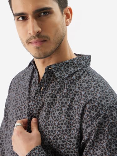 Image of The Souled Store Hortensia Men and Boys Long Sleeve Collared Neck Button Front Grey All Over Print Cotton Relaxed Fit Shirts Shirts Casual Button-Down Full Sleeve Casual Workwear Fashionable Stylish