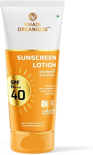 KHADI ORGANIQUE Sunscreen Lotion SPF 40 PA+++ with Raspberry, Avocado &amp; Jojoba Oil | Broad Spectrum UVA/UVB &amp; Blue Light P...