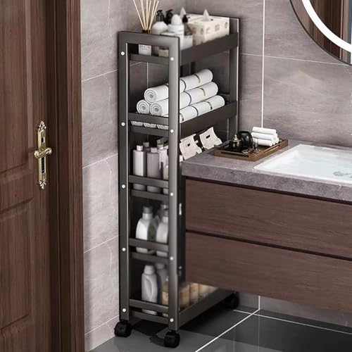 Carrito de almacenamiento delgado, organizador de baño, ahorro de espacio en el hogar, antivuelco, impermeable, carrito de cocina estrecho de 3/4/5 niveles con ruedas, estante de metal móvil