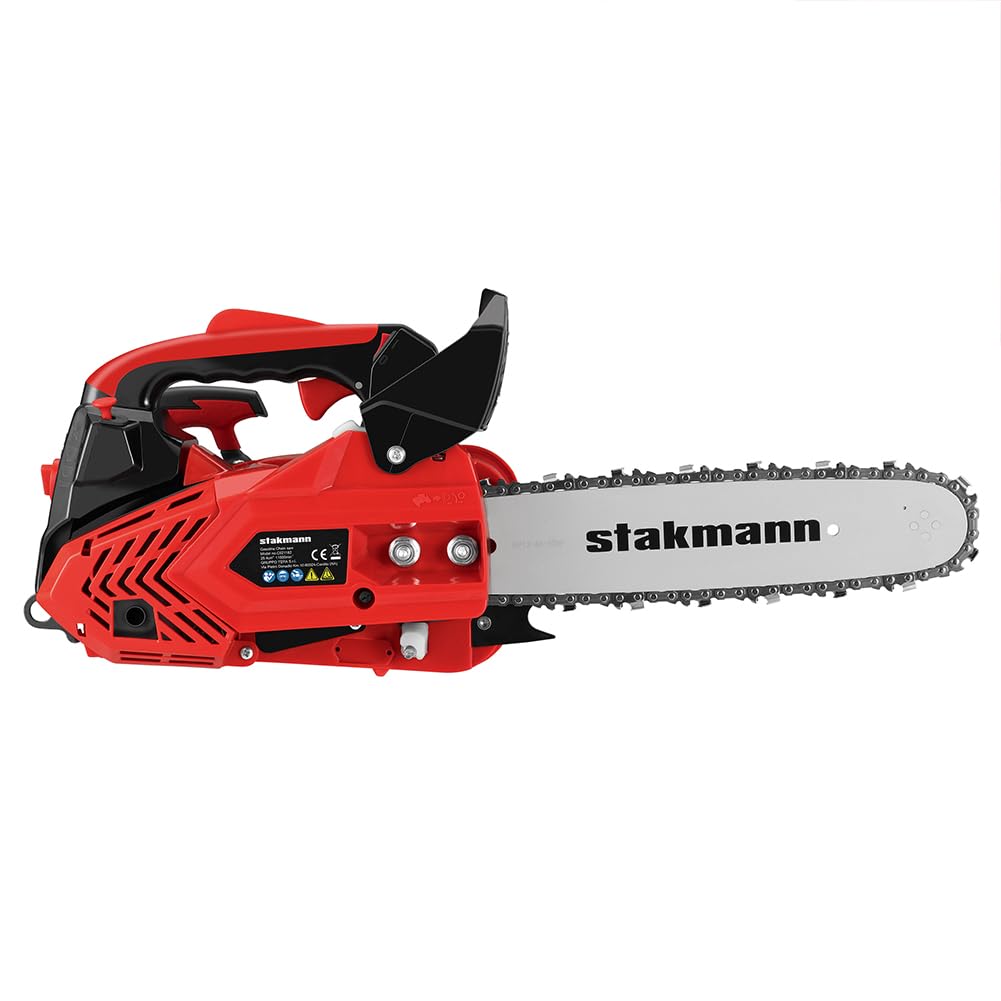 Motosierra de explosión de 2 tiempos a gasolina, hoja de 30 cm, Easy Start e interruptor de seguridad, motosierra de jardín, trabajo, corta madera y ramas precisa con mango ergonómico (25,4