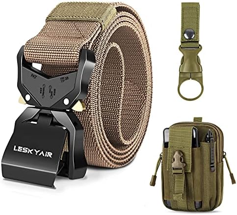 Leskyair Men Tactical Belt, Military Work Belt Rigger 1.5" Nylon with Heavy Duty Quick Release Metal Buckle, Gift with Molle Pouch and Bottle Clip