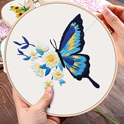 Tyrixma 3 Sets Embroidery Starter Kit With Butterfly Flower Pattern For Beginners, Cross Stitch Kits For Adults With 3 Embroidery Hoops, Color Threads, Needles And Instructions #TOP5