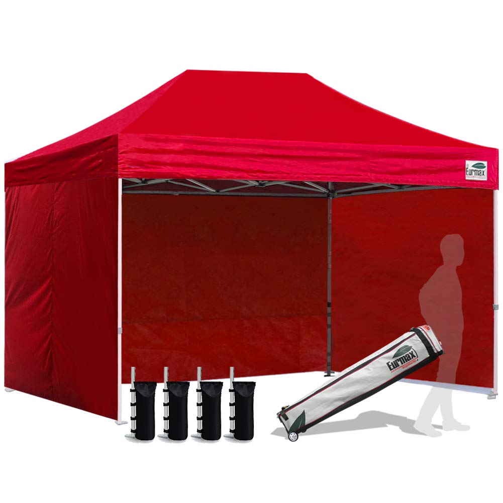 Eurmax USA 8'x12' Pop-up Canopy Tent Commercial Instant Canopies with 4 Removable Zipper End Side Walls and Roller Bag, Bonus 4 SandBags(Red)