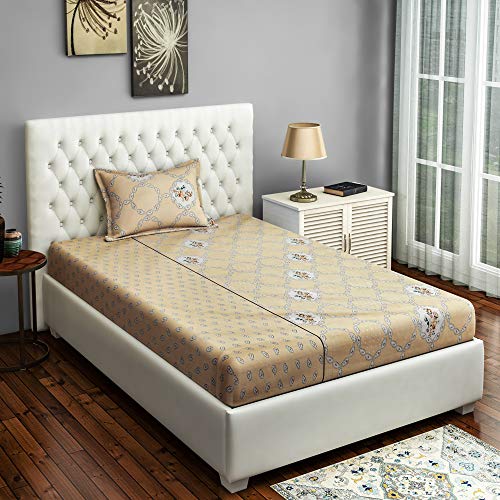 Image of Swayam Roto Cotton Single Bedsheet with 1 Pillow Cover | Size 60 x 90 inch | 144 TC | Floral Design | Soft Breathable Bed Sheet | Comfortable & Durable for Bedroom - Beige