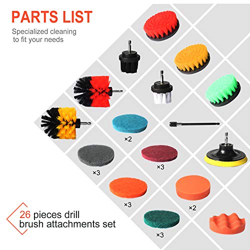 BYGD 26 Pieces Drill Brush Set Scrub Pads & Sponge, Drifferent Size Power Scrubber Brush with Extend Long Attachment All Purpose Clean for Car, Grout, Tiles, Sinks, Bathtub, Bathroom, Kitchen