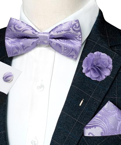 Image of RBOCOTT Paisley Bow Tie and Pocket Sqaure Set with Lapel Pin and Cufflinks for Men