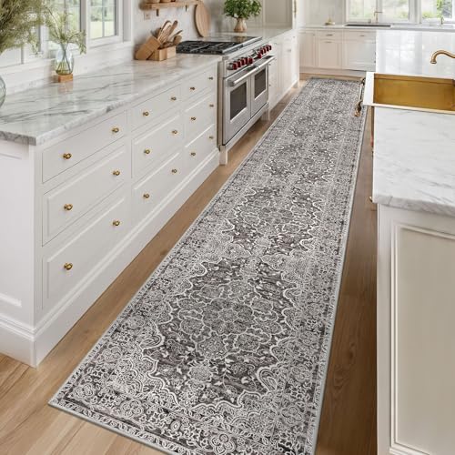 KUTA Vintage Washable Runners for Hallways 2.6x16, Non-Slip 16ft Extra Long Kitchen Runner Rug, Ultra Soft Printed Floral Medallion Stair Runners Indoor for Bedroom Tan Grey