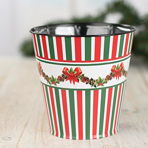 Factory Direct Craft Christmas Candy Stripe and Holly Metal Planter - Tin Bucket for Holiday Vase or Decorations (Size: 6-1/4 H x 6-1/4 Dia.)