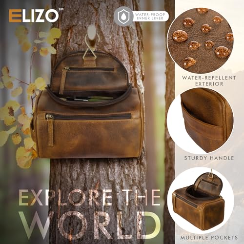 ELIZO Premium REAL Leather Toiletry Bag for Men Dopp Kitt Hanging Mens Toiletry Large TSA Toiletries Bag Shaving Grooming Bag Organizer