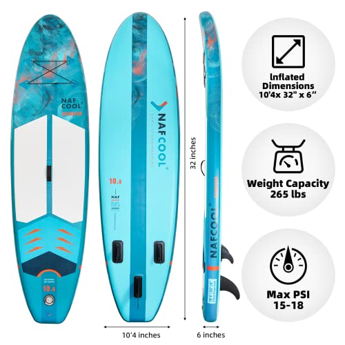 Nafcool Inflatable Stand Up Paddle Board,10'4"×32"×6" Surfing Standing Paddle Board With Sup Accessories & Backpack, Non-Slip Deck,Removable Fins,Leash,Paddle,Hand Pump For Youth & Adult(Lake Blue) #TOP5