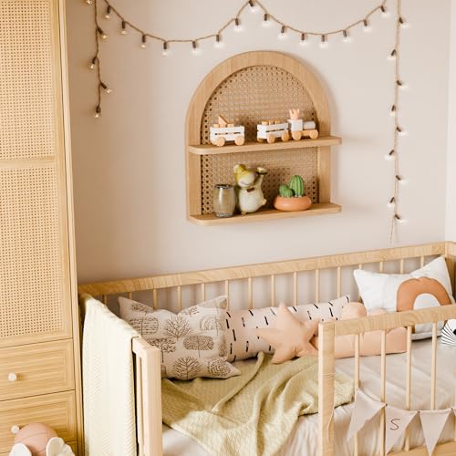 Eostbe Rattan Wall Shelf Boho Nursery Decor, 2-Tier Arched Woven Natural Wood Wicker Wall Shelf, 16\'\'L Neutral Handcrafted Rattan Nursery Shelf, Decorative Shelf for Living Room,Bedroom & Bathroom
