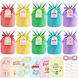 10 PCS Easter Bunny Gift Bags Party Favor Birthday Decoration Reusable Rabbit Drawstring Jewellery Pouches Easter Candy Goodie Bags and Cards Bunny Candy Treat Pouches for Egg Hunt Basket Party Decor Supplies