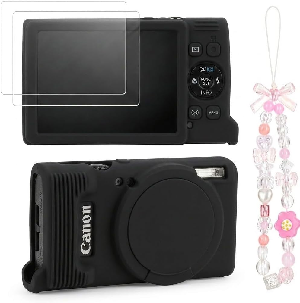 Case for Canon PowerShot ELPH 360/IXY 650 with Cute Charm Wrist Strap and Screen Protector, Built-in Lens Cap Silicone Protective Cover for Canon ELPH 360 HS/IXY 650 - Black