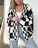 BTFBM Casual Cardigan Sweater for Women Fall 2025 Long Sleeve Open Front Chunky Knit Sweaters Checkered Outwear Coat(Black,X-Large)