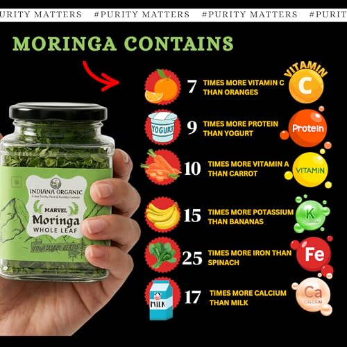 Image of Indiana Organic Moringa Whole Leaves Dry Leaf, Dried Drumstick Tree Leaves, Natural Super-Food - Essential Nutrition Superfood, Helps Naturally Boost Energy Levels, Improves Stamina & Vitality, Rich In Vitamins & Minerals - 35 Gram