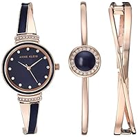 Anne Klein Women's Premium Crystal Accented Watch and Bangle Set, Gold/Navy Blue, Japanese