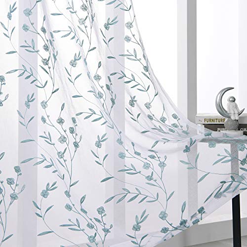 Sheer Curtains Floral Embroidery Blue 84 Inch Long Rod Pocket Lace Drapes For Living Room, Bedroom, 2 Panels, 52"X84", Semi Voile Pattern Outdoor Window Treatment Sets For Yard, Patio, Villa, Parlor. #TOP2