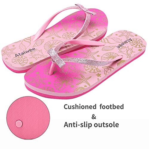 Ataiwee Girl's Flip Flops, Kids Thong Colorful Pink Printed Beach Poolside Slide Shoes For Little Kid/Big Kid.(2005001-2207,Gd/Ss,13) #TOP2