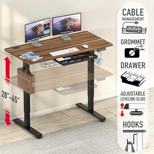 Image of SHW 48-Inch Electric Height Adjustable Standing Desk with Drawer, Memory Preset and Cable Management Tray, Walnut