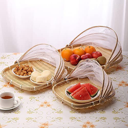 3Pcs Bamboo Food Serving Tent Basket with Cover, Square Hand-Woven Covered Bread & Vegetable Fruit Basket Dustproof Food Storage Container with Mesh for Indoor Outdoor Home Kitchen Picnic (S+M+L)