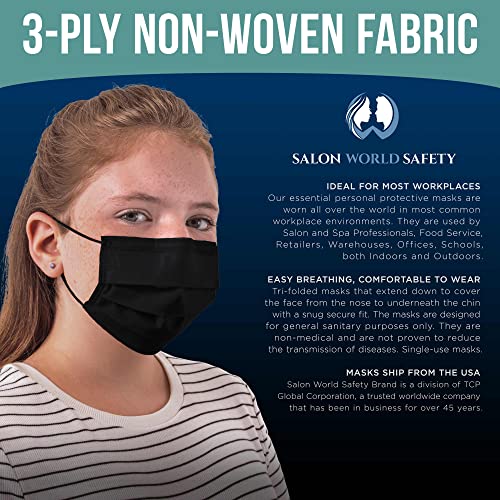 Tcp Global Salon World Safety Kids Masks (Sealed Package Of 10) - Black - 3 Layer Disposable Protective Children's Face Masks - Adjustable Nose Clip And Ear Loops - 3-Ply Non-Woven Fabric #TOP3