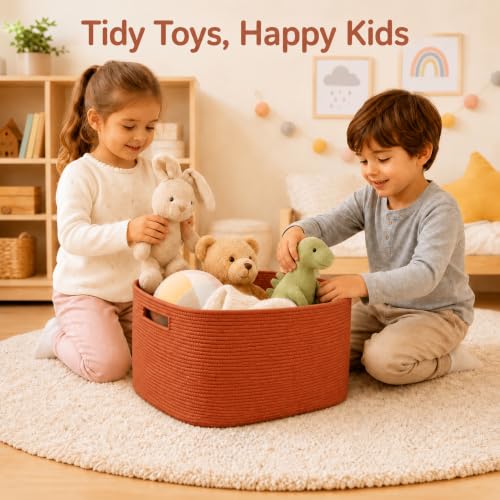 Image of 15.4GAL Rope Laundry Basket for Dorm, Cute Boho Square Woven Basket for Living Room Throws Pillow Blanket Storage, Short Dirty Clothes Hamper for Baby Girls Boys Toys Stuffed Animal Towel Terracotta