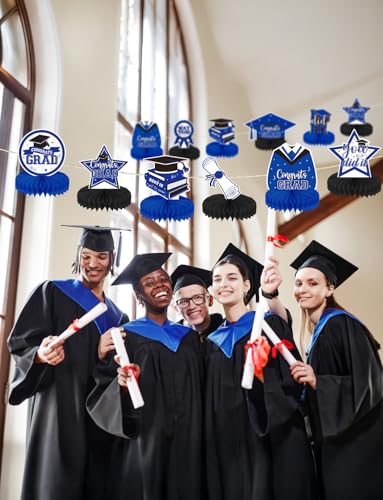 Image of 9Pcs Graduation Table Decorations - Blue and Black Graduation Centerpieces for Tables Congrats Grad Honeycomb Centerpieces Congratulate Table Toppers Grad Party Decorations, Class of 2026 Decor