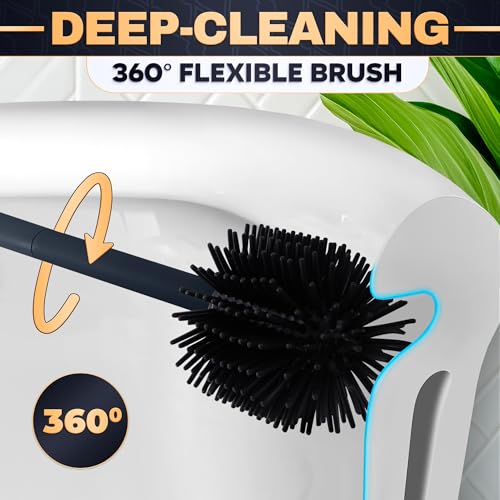 Image of Toilet Brush and Holder Set - Silicone Toilet Bowl Brush with Black Holder Base, Compact Bath Accessory for Small Spaces - Easy to Place and Simple to Store After Use, Plastic Bathroom Cleaning Tool