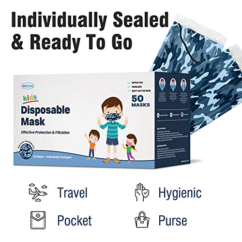 Wecare Kids Disposable Face Masks, 50 Blue Camo Masks, Individually Wrapped #TOP2