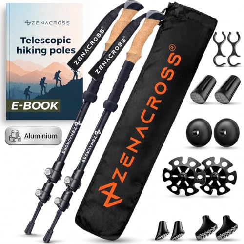 Zenacross® Wanderstöcke Teleskop Aluminium - Nordic Walking Stöcke Damen/Herren Ultraleichte - Trekkingstöcke Einstellbar mit Natürlich Kork Griff 1