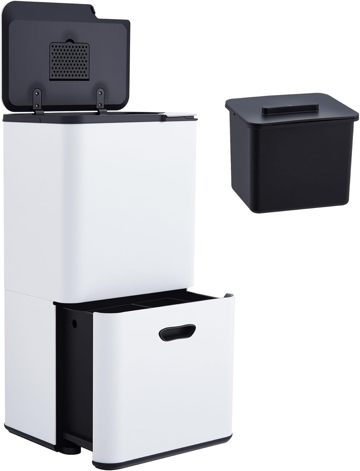 OUTLANE 16 Gal Kitchen Dual Trash Can, 16 Gal Classified Garbage Can with Compost Bin, Stainless Steel Trash and Recycle Bin Combo with Removable Inner Bucket & Odor Filter, White