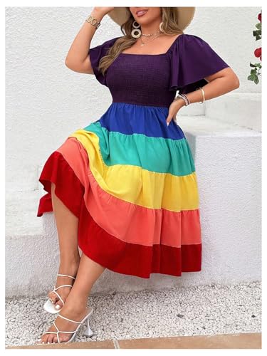 Women's Plus Size Rainbow Striped Ruffle Midi Dress Colorblock Tiered Square Neck High Waist A Line Dresses3