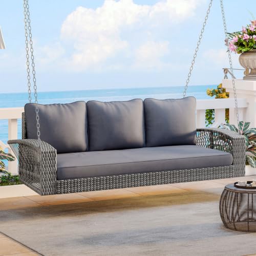 69" Outdoor Porch Swing for 3 People, 800 LBS Heavy Duty Wicker Hanging Swing with Cushions, Double-Strand PE Rattan Swing Bench with Metal Chains, Patio Swing Chair for Backyard, Garden, Poolside,Gra