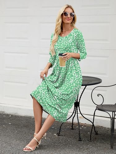 Image of Heymoments Women's Casual 3 /4 Sleeve Midi Dress Crewneck A Line Tiered Flowy Loose Travel Long Dresses with Pockets