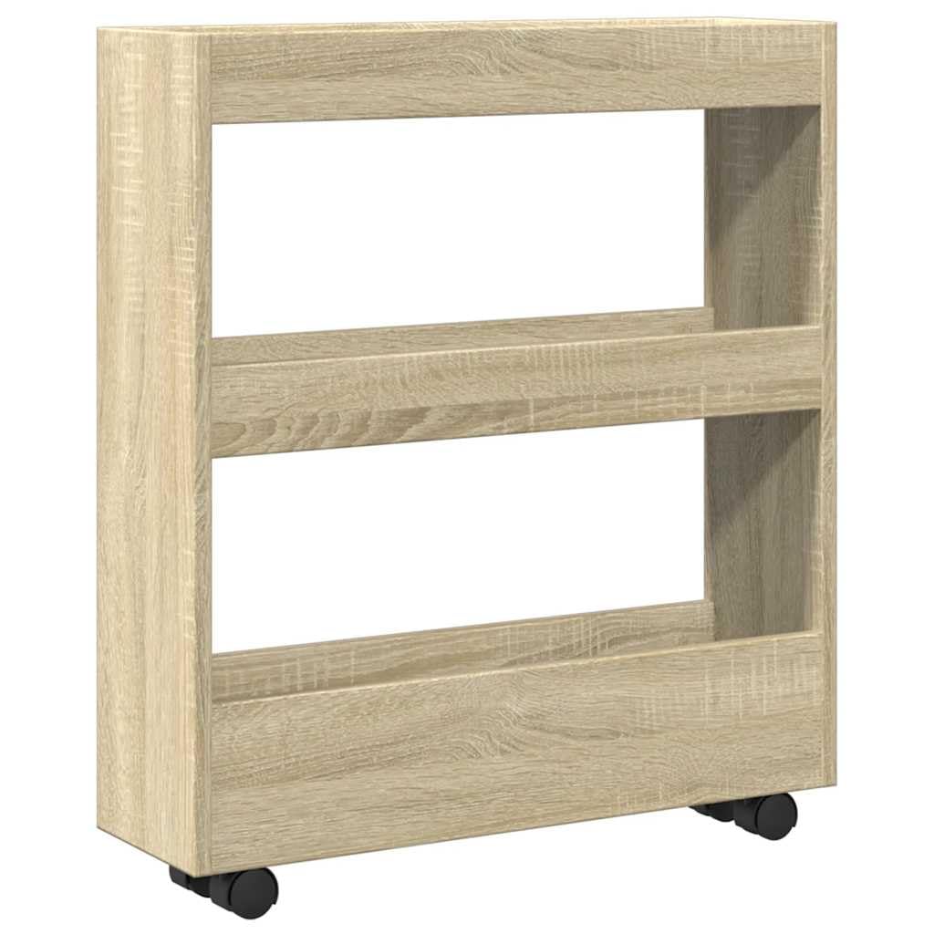 Carro estrecho de 3 pisos con ruedas, roble Sonoma, 60 x 18 x 70 cm