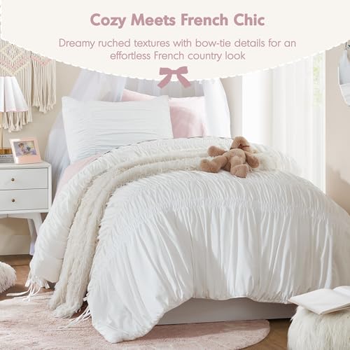 Image of Intelligent Design Ruched Shabby Chic White Twin XL Comforter Set, 2pc | Back to School Girls Dorm Bedding Set, French Country, All Season Down Alternative, Cozy, Machine Washable, Lightweight