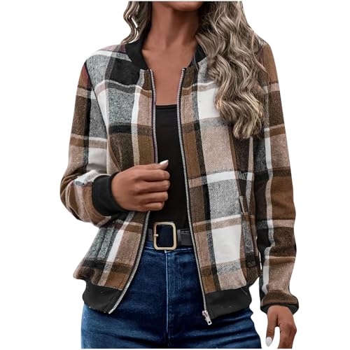 YRAETENM Flannel Jacket Women Stand Collar Long Sleeve Zip up Plaid Shackets Casual Warm Bomber Jackets Coats Fall Outfits