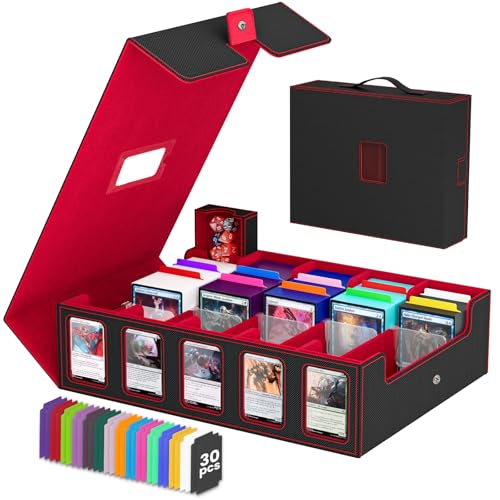 Trading Card Storage Box, 5 Row Card Deck Case with Commander Display & Portable Handle, 4200+ Card Deck Boxes Compatible for MTG TCG Magic Cards, 30 Divider, 8 Supporters, 1 Dice Tray (Black & Red)