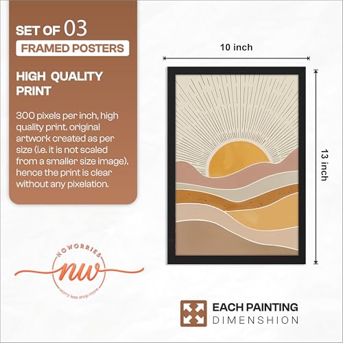 Image of NoWorries Boho art Framed Painting Set of 3 | Abstract prints mid century modern decor Frames | Sun wall art neutral wall decor minimalist line art | Botanical leaf prints scandinavian wall art Fame | Beige aesthetic Decor for living room, bedroom, office and gallery (Art-14, 10x13inch, Wooden)