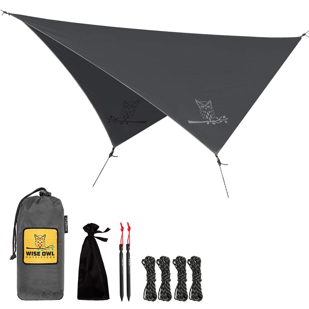 Wise Owl Outfitters Rain Fly Tarp – The WiseFly 11 x 9 ft Waterproof Camping Shelter Canopy – Lightweight Easy Setup for Hammock or Tent Camp Gear – Grey LITE
